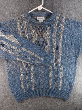 VTG Damon Coogi STYLE Pullover Knit Colorful Blue Sweater Large Cotton Blend USA